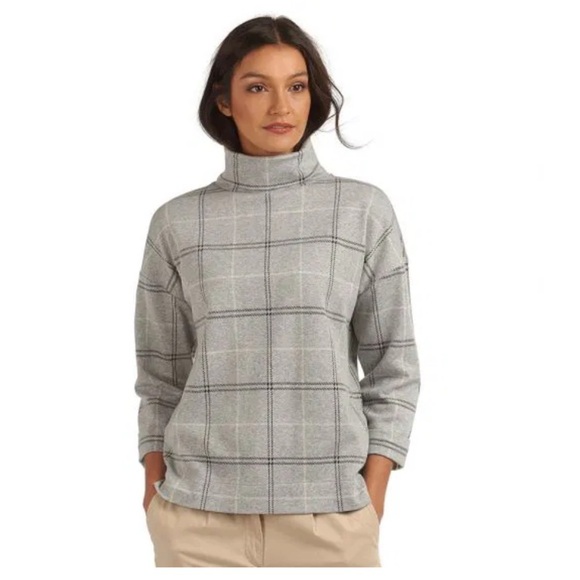 Barbour Tartan Mock Neck Sweatshirt Sweater – Light Grey Plaid, Size 14 Plus - Picture 1 of 6